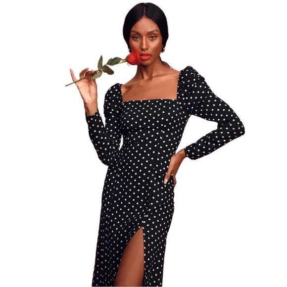 New! Lulus Charmed & Classy Black Polka Dot Midi Dress Sz M - Picture 3 of 6